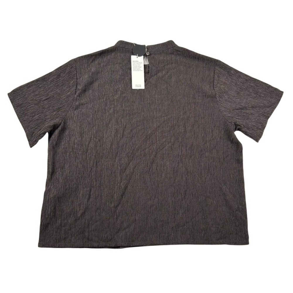 Eileen Fisher Top Womens Large Rye Brown Crinkle Mock Neck Short Sleeve Career - Picture 2 of 9